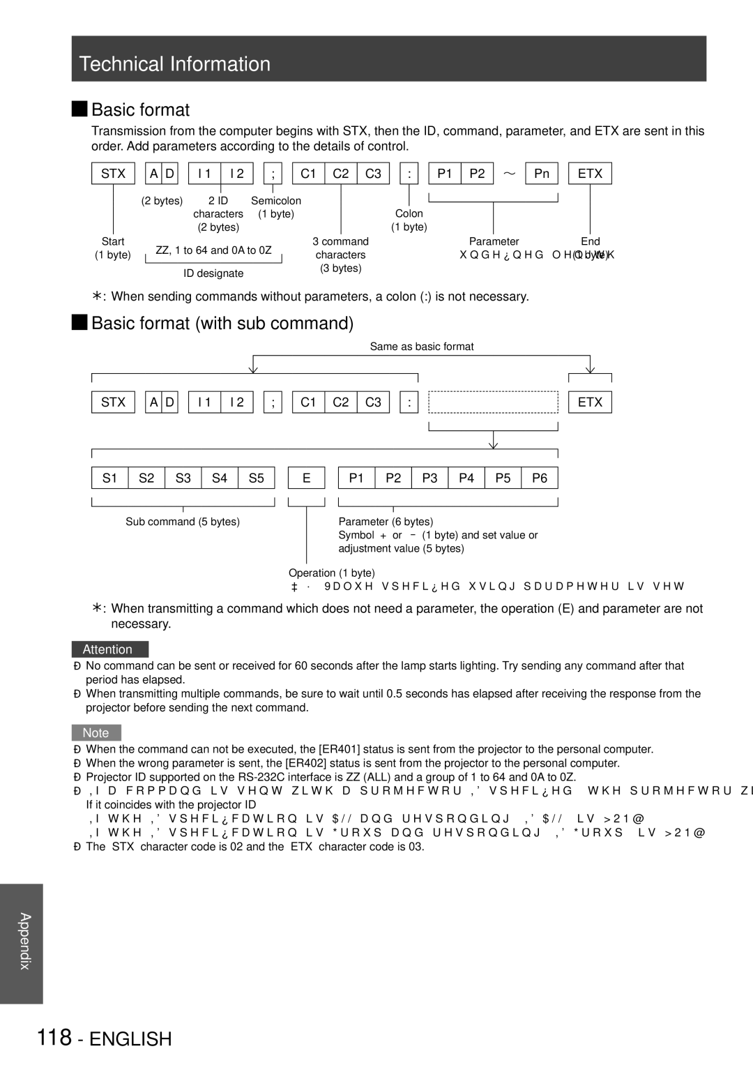 Panasonic PT-DW8300E, PT-DS8500U, PT-DS8500E, PT-DZ8700U manual JJBasic format with sub command, Stx, Etx,  1 I 2 C1 C2 C3 